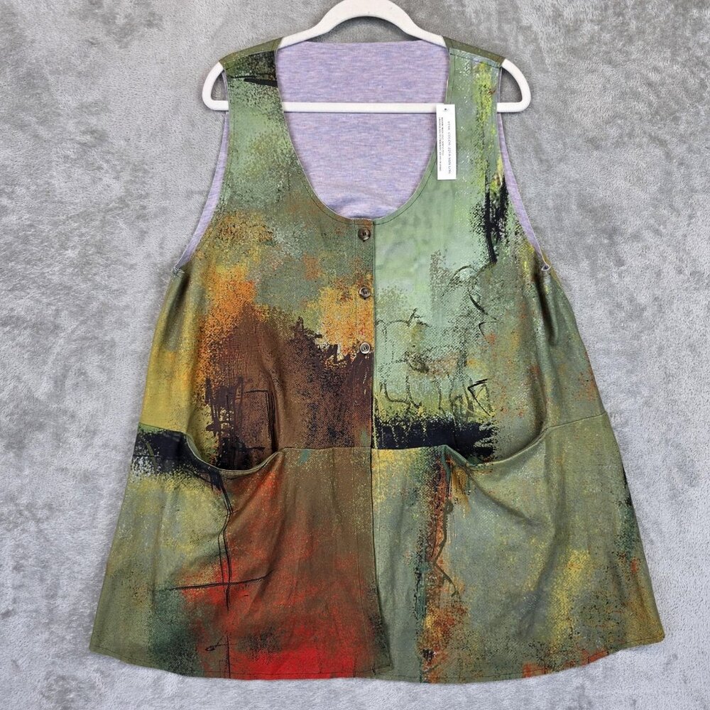 3 Potato Tunic Top Womens L/XL Green Abstract Sleeveless Pockets Button Front